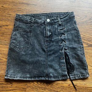 Gray / Burnt Black Denim SKORT with Black Lace up on Side